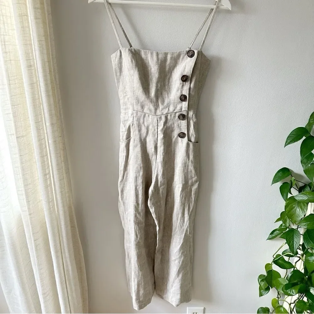 Reformation Tortuga Linen Jumpsuit Wide Leg Crop Tan